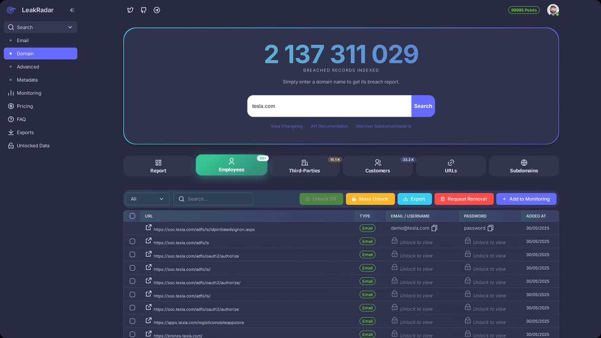 LeakRadar search dashboard