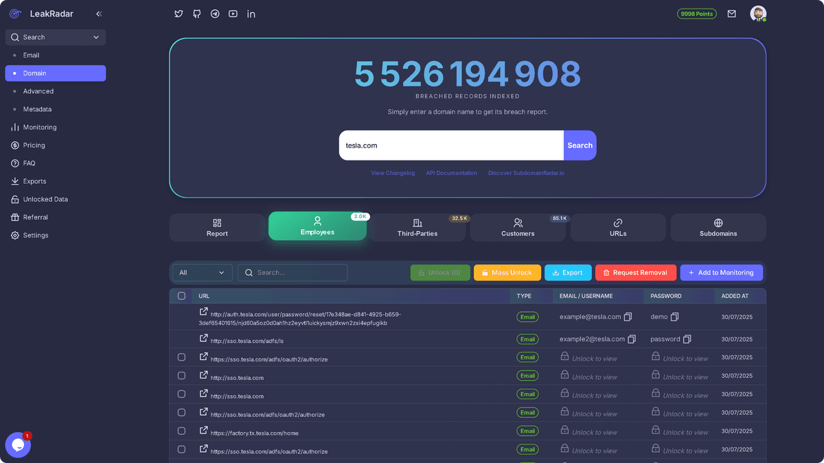 LeakRadar search dashboard