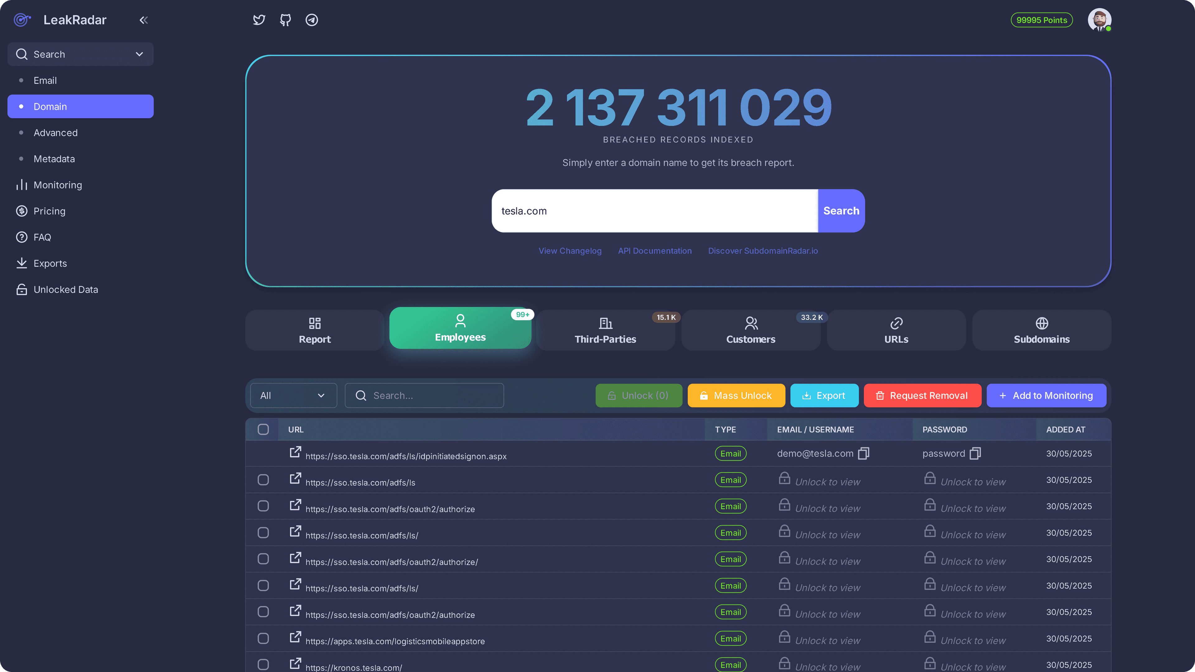 LeakRadar search dashboard