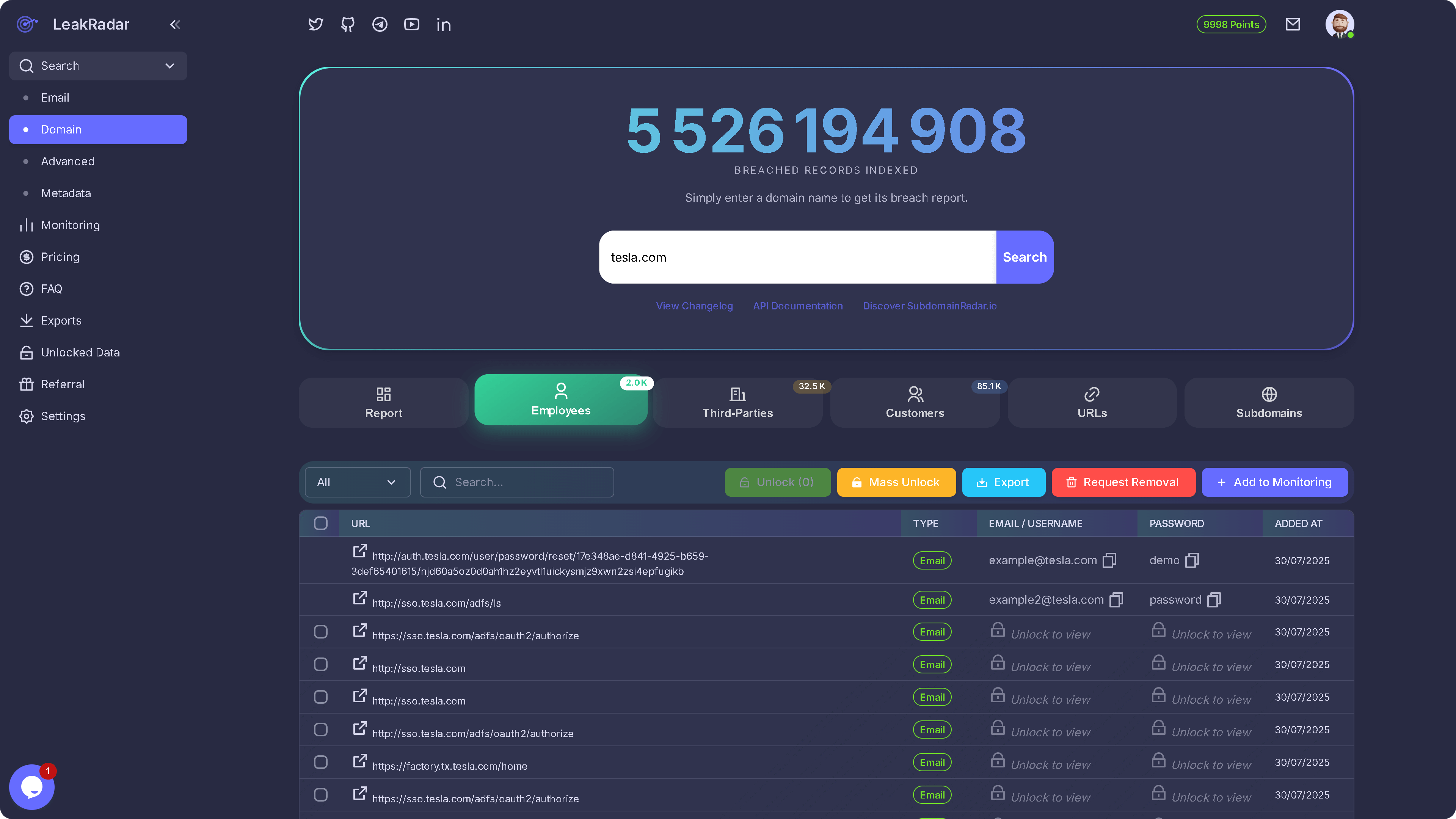 LeakRadar search dashboard
